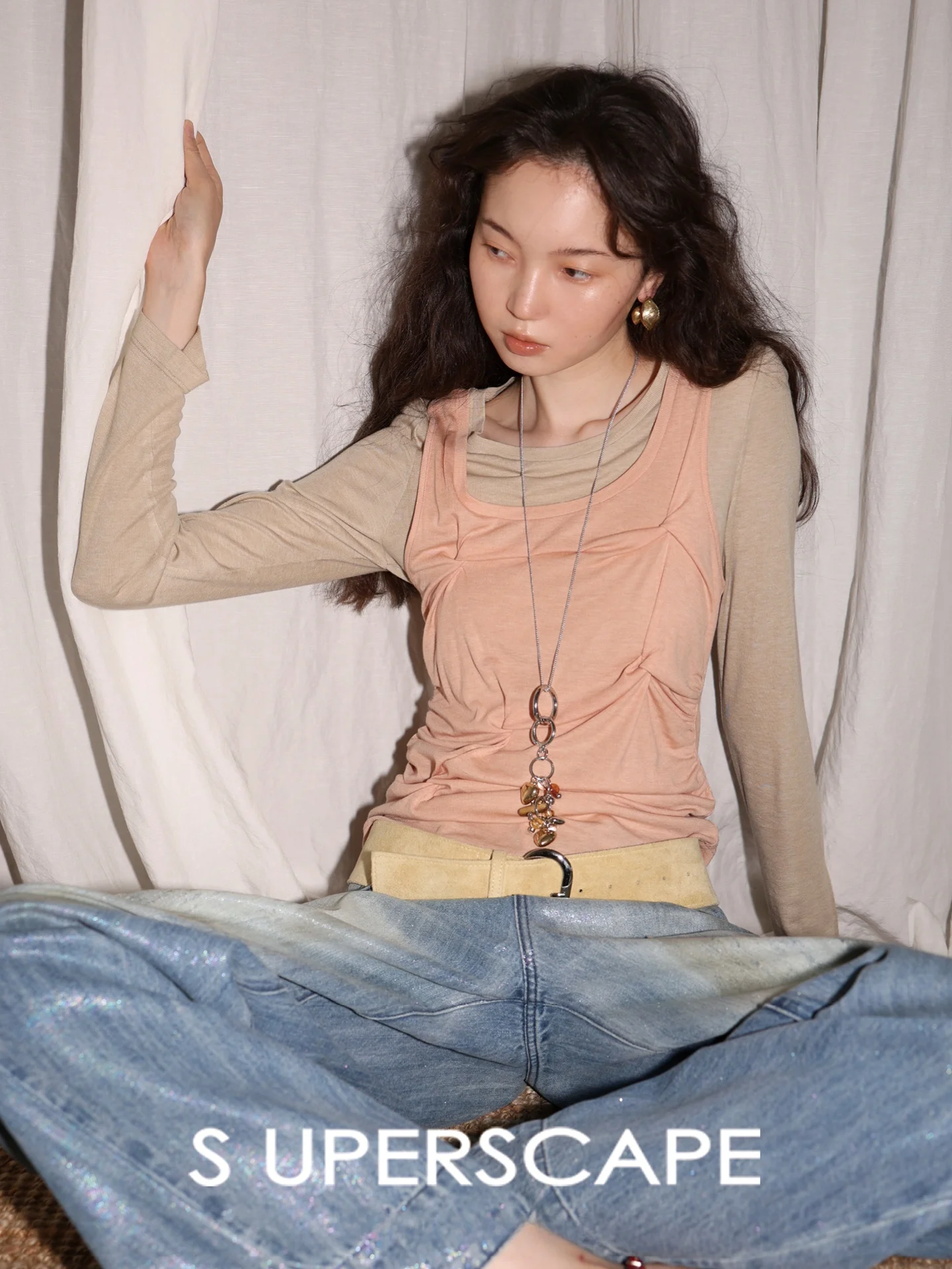 

Acetate Wool Knitted Vest Casual Sle Long Sve Color Blo Handmade Pleated Fake Two-Piece Sweater for Women