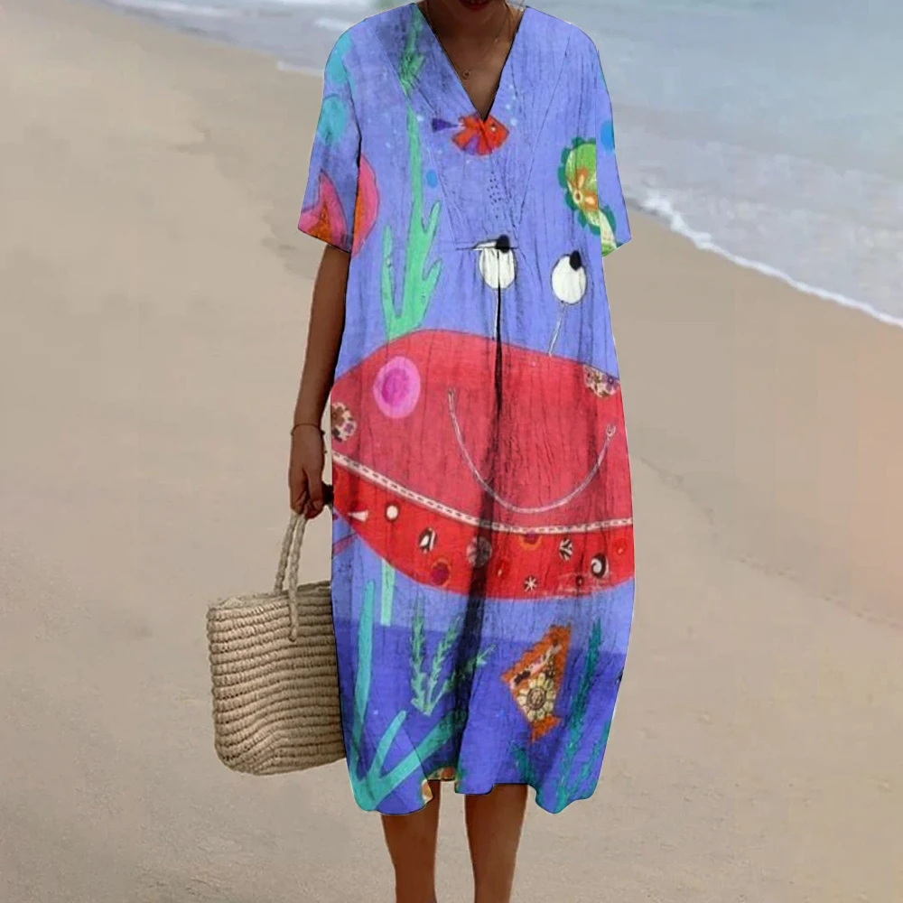 

Women's Crab Print Dress Venezuela Elegant V-Neck Baggy Beach Sundress V-Neck Holiday Party Short Sleeve Robes