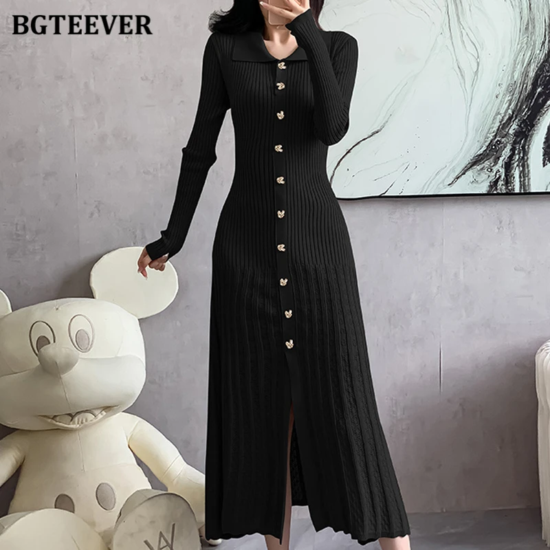 เดรสไหมพรมทรงเข้ารูปสำหรับผู้หญิง แบรนด์ BGTEEVER ดีไซน์หรูหรา กระดุมแถวเดียว ความยาวปานกลาง คลุมสะโพก เหมาะสำหรับฤดูใบไม้ร่วงและฤดูหนาว ปกเสื้อแบบปกเชิ้ต แขนยาว