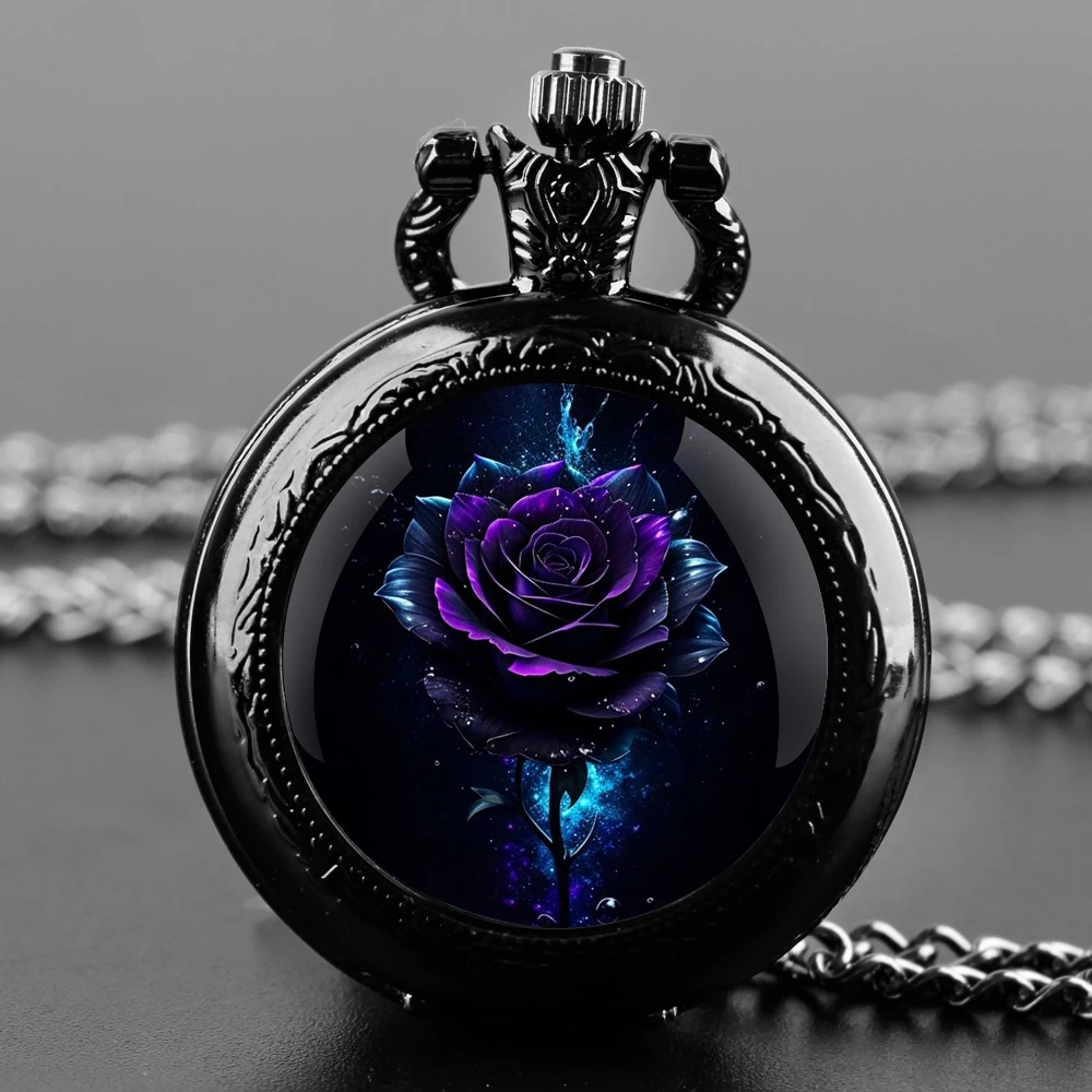 Exquisite Gift Rose Lotus Flower Design Glass Dome Quartz Pocket Watch Necklace Men Women Unique Jewelry Pendant Birthday Gift
