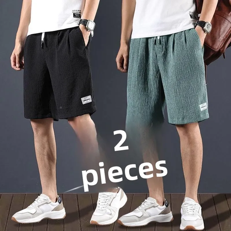 شورتات رجالية كاجوال من الكتان الحريري الجليدي، فائقة النحافة، فضفاضة من القطن والكتان، ملابس صيفية خارجية، شبابية، مستقيمة ا...