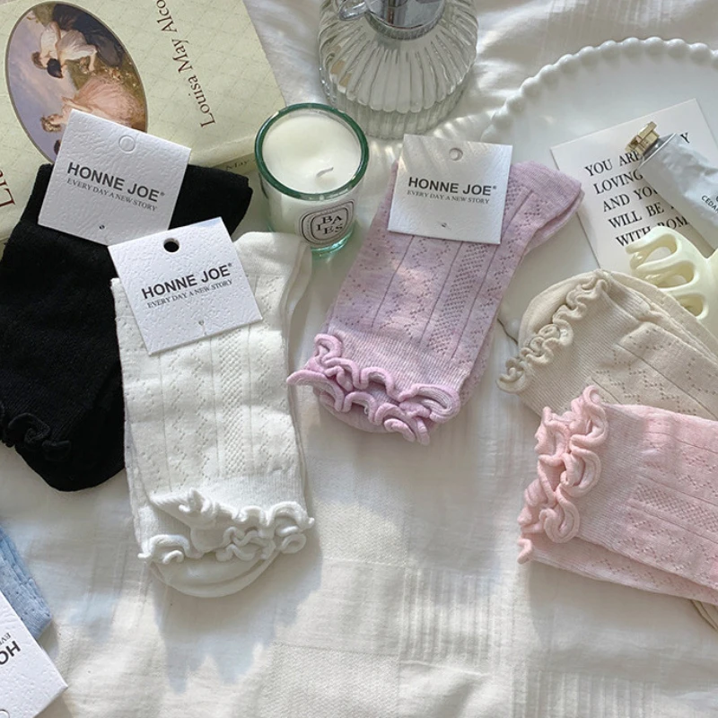 Women hollowed-out ruffled slouch socks Mesh Candy-colored thin for spring and autumn Japanese style sweet lovely Mid-calf Socks