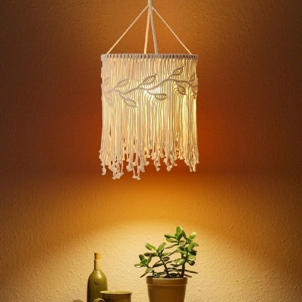 Handwoven Bohemian Tassel Lampshade Textured Weave Nordic Design Hanging Light Cover Vintage Look Hanging