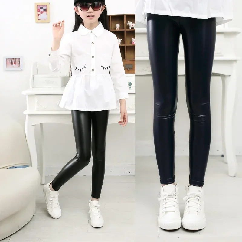 Spring Children\'s Pants For Girls Fashion Faux Leather Girls Leggings Thin Kids Skinny Trousers 2024 New