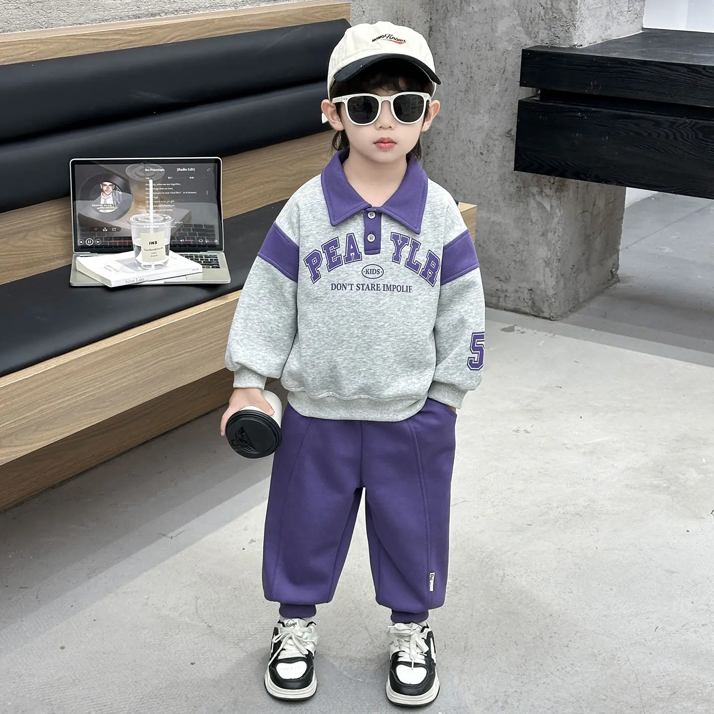 Sporty Style Boys Spring Suit 2026 New Fashionable Children's Baby Sweater Pants 2Pieces Autumn Patchwork Letter Sportswear Set