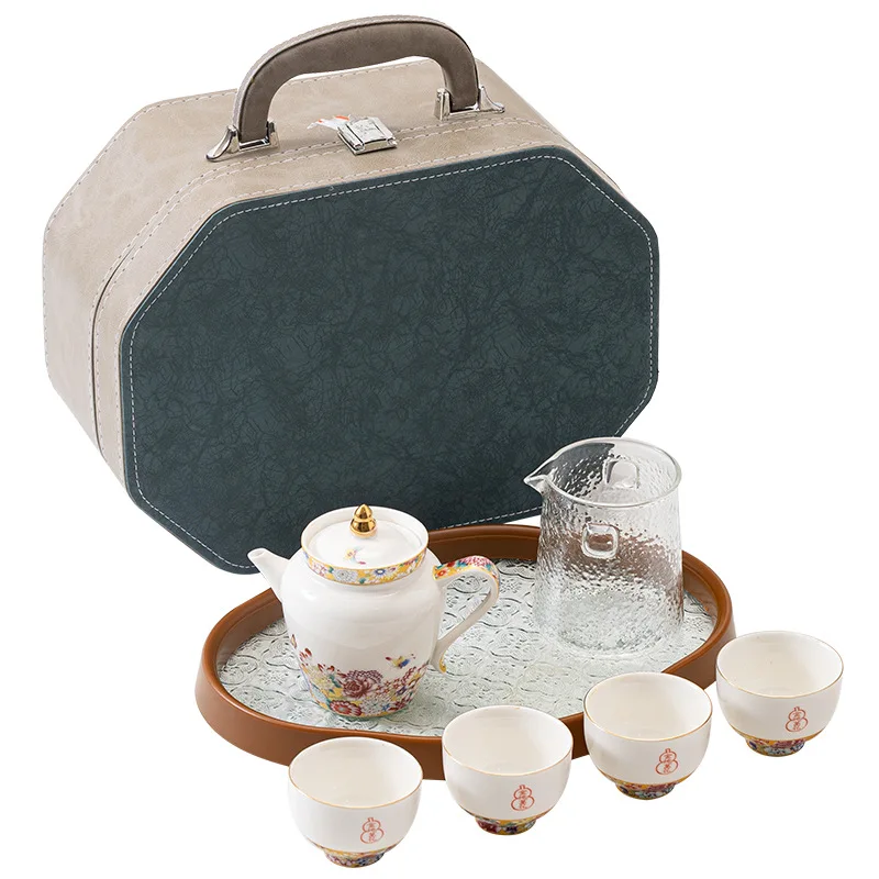 

Suet jade high-end travel tea set, enamel ceramic express cup, one pot and four cups of gifts.