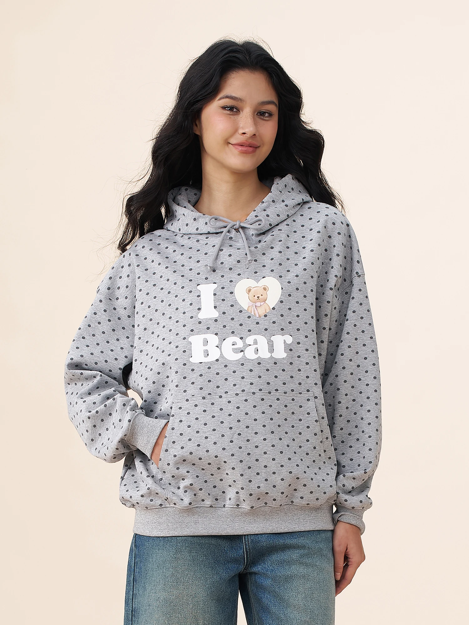 

Yescci Love Bear Cartoon ey Polka Dot Print Sweatirt Student Spring Autumn Versatile Top Ladies Loose Fit Long Sve Hoodie