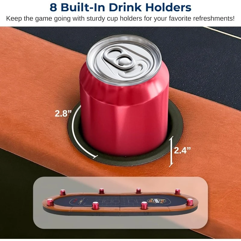 6ft Foldable Poker Game Table, 8 Player Casino Style Oval Card Table with Cushioned Rails, 8 Cup Holders, Metal Legs,