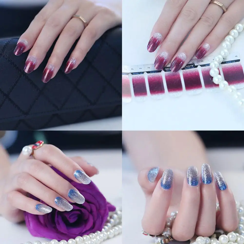Autocollants pour ongles scintillants, couleur unie, dégradé de couleur, 14 autocollants
