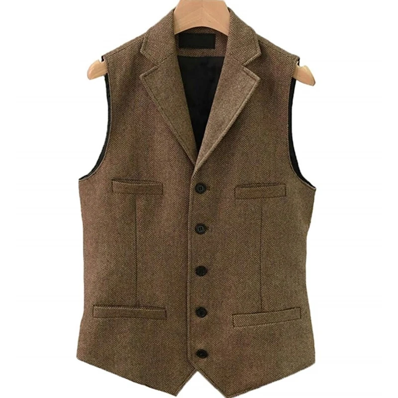 

Men Vest Brown Herringbone Single Button With Lapel And Pocket Waistcoat For Wedding Groom Business Formal Banquet Work Men Suit