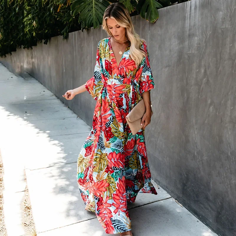 Women's Beach Tunic Boho Dress Beachwear Outing Swimsuit Cover Ups Bikini Set Coverup for Woman Floral Print Long Summer Dresses