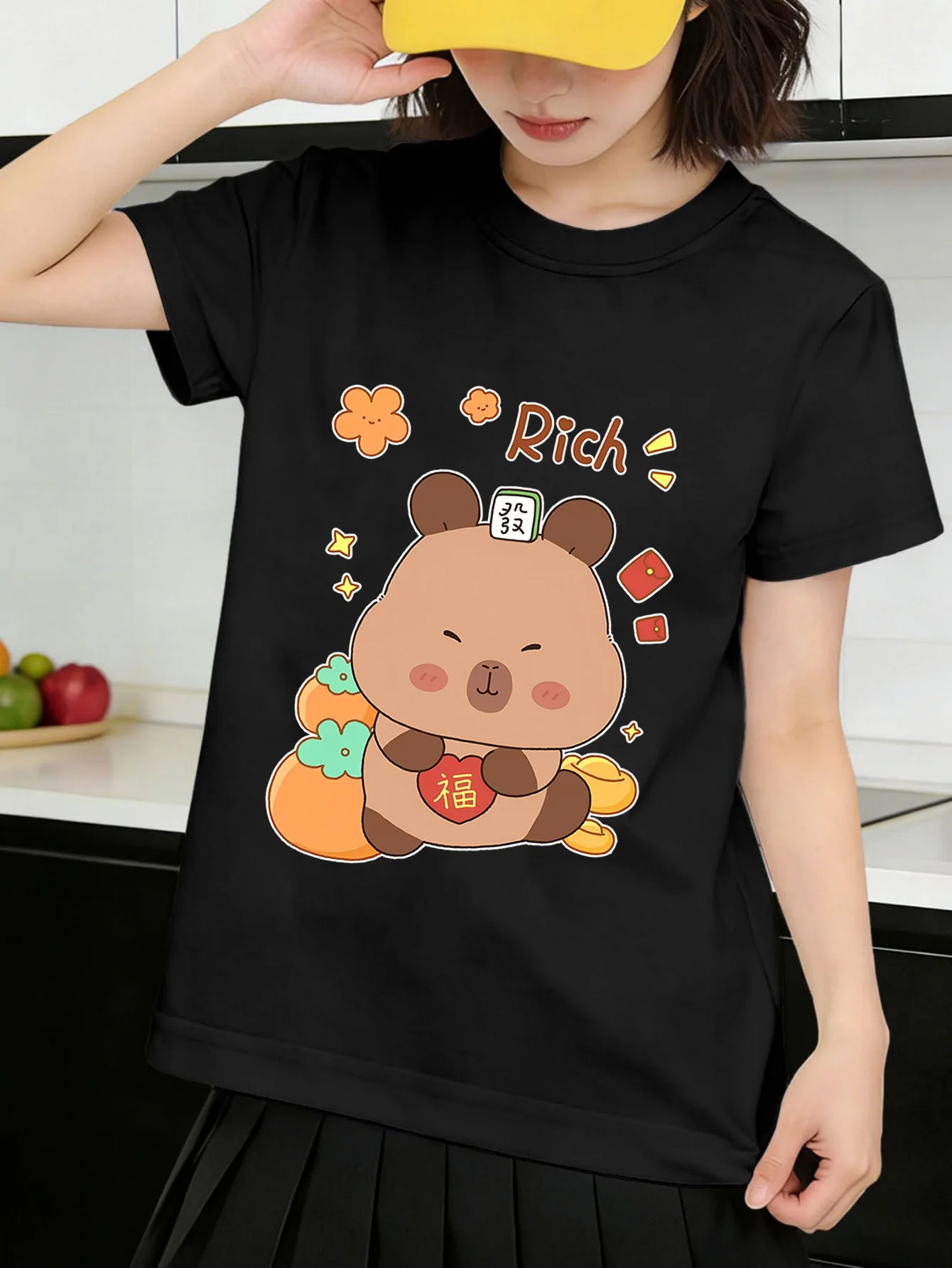 Cute Rich Capybara Lucky Pattern Print Graphic Kids Tee Boys Girls Family Matching Cotton Crew Neck Short Sleeve Soft Summer Tee