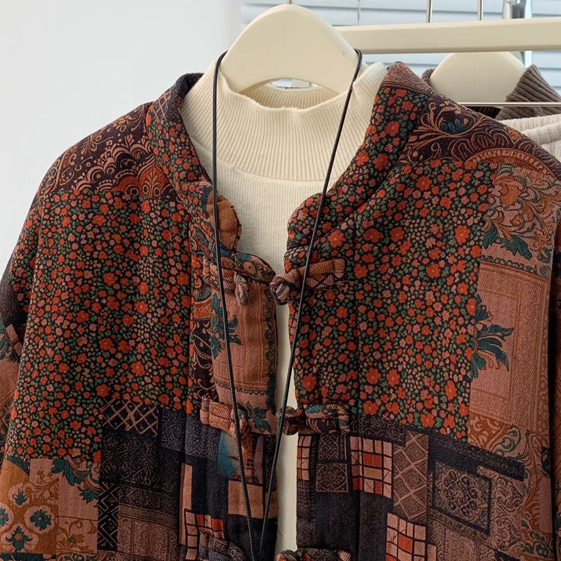 Thiened コットンリネンプリント女性のオルトコートスタンドカラー暖かい冬ジャエット小さなアウタートップアンチエイジング綿の服