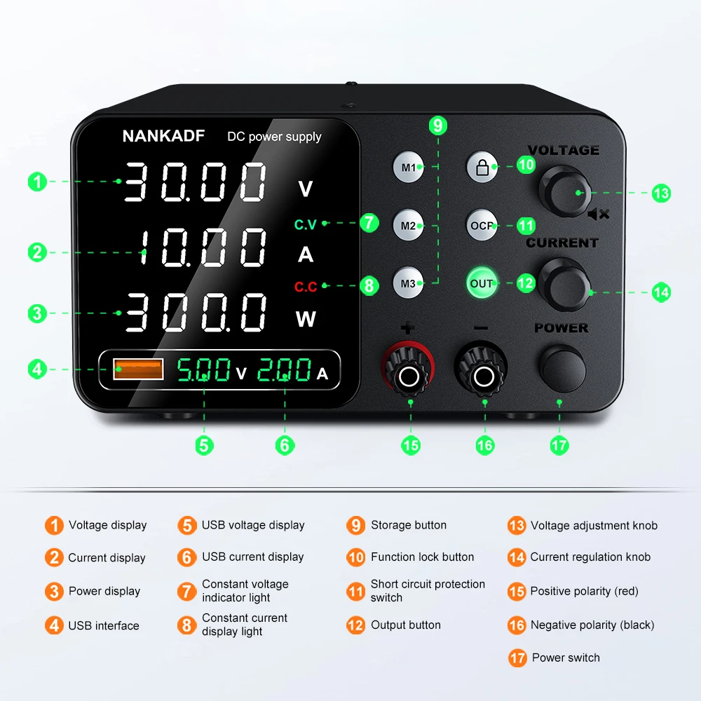 30V 5A 10A Laboratory Power Supply Triple Storage Switching Power Supply 5V2A DC Regulated Power Supply for Type-C Interface