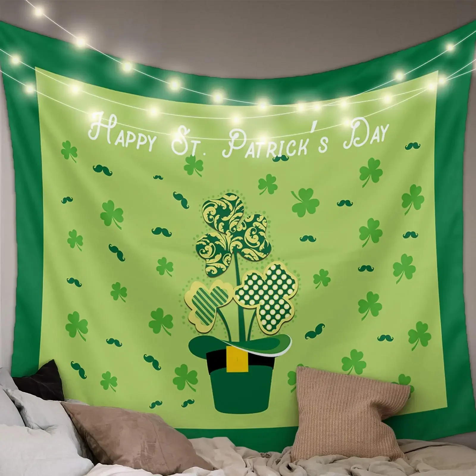 Happy St Patrick's Day Clover Party Tapestry Green Shamrock Tapestry Wall Hanging Art for Bedroom Living Room Dorm Home Decor