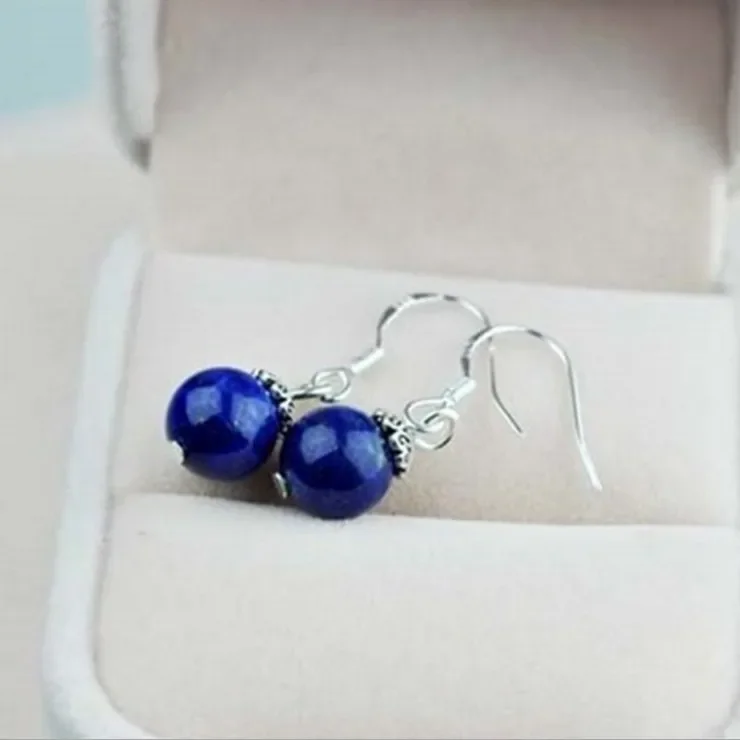 925 Silver Natural Lapis Lazuli 8mm Beads Earrings Original Simple Jade Pulp Bead Handmade Gift Women Fine  Stone Jewelry