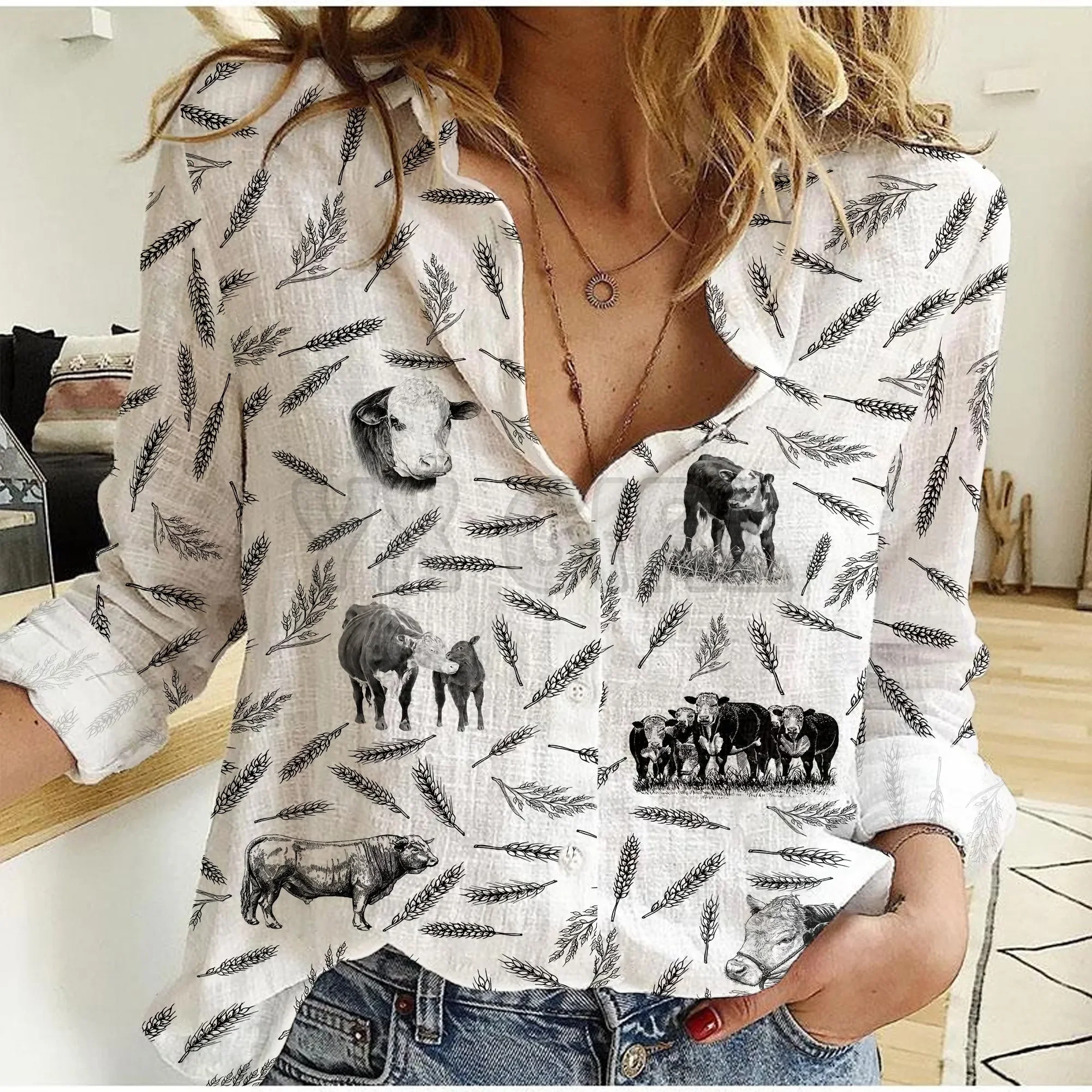 

YX GIRL Hereford Cattle Pattern Women Linen Shirt 3D Printed Button-down Shirt Casual Unique Streewear