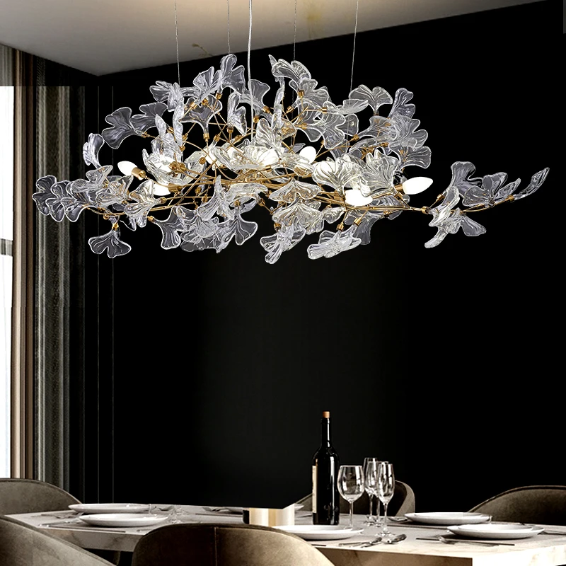 Glass Ginkgo Leaf Chandeliers With Gold Branch Shaped Frame For Dining Room Bedroom Leaf Ceiling Pendant Lights For Living Room