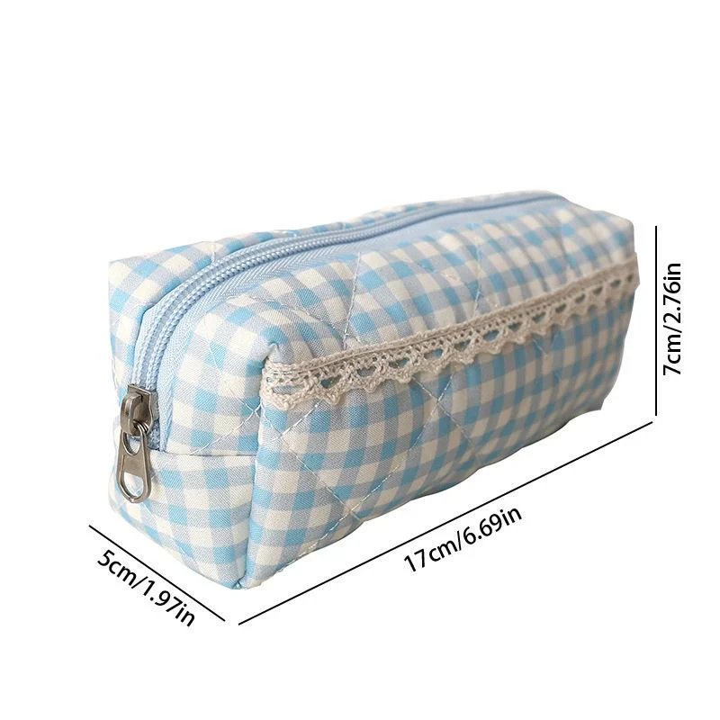 Girlish Cosmetic Bag Gift, Large Capacity, Portable and Lightweight, Plaid Lace Pencil Case, Simple School Supplies Storage Bag