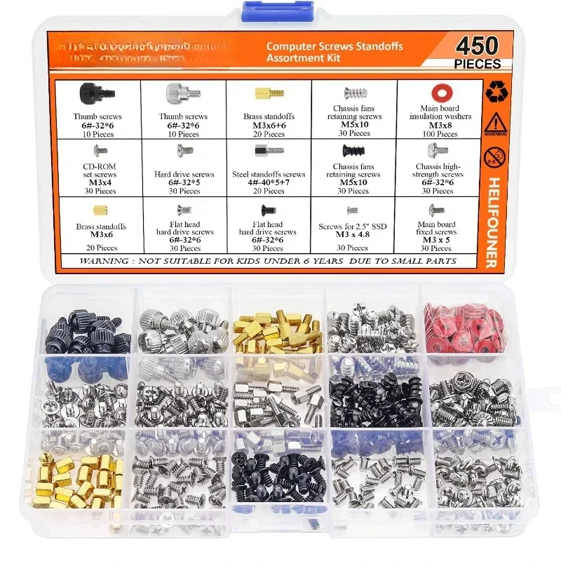 450pcs Computer Standoffs Spacer Screws Assortment Kit for Hard Drive Computer Case Motherboard Fan Power Graphics