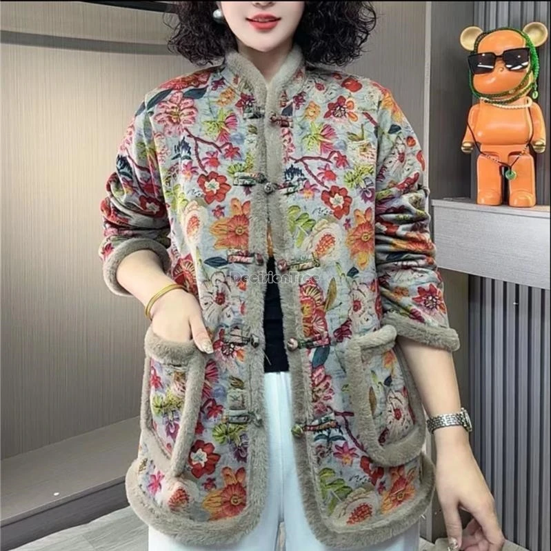 

2025 thickened winter new chinese-style fleece retro fashion leopard print stand collar long sleeve loose fashion tang suit coat