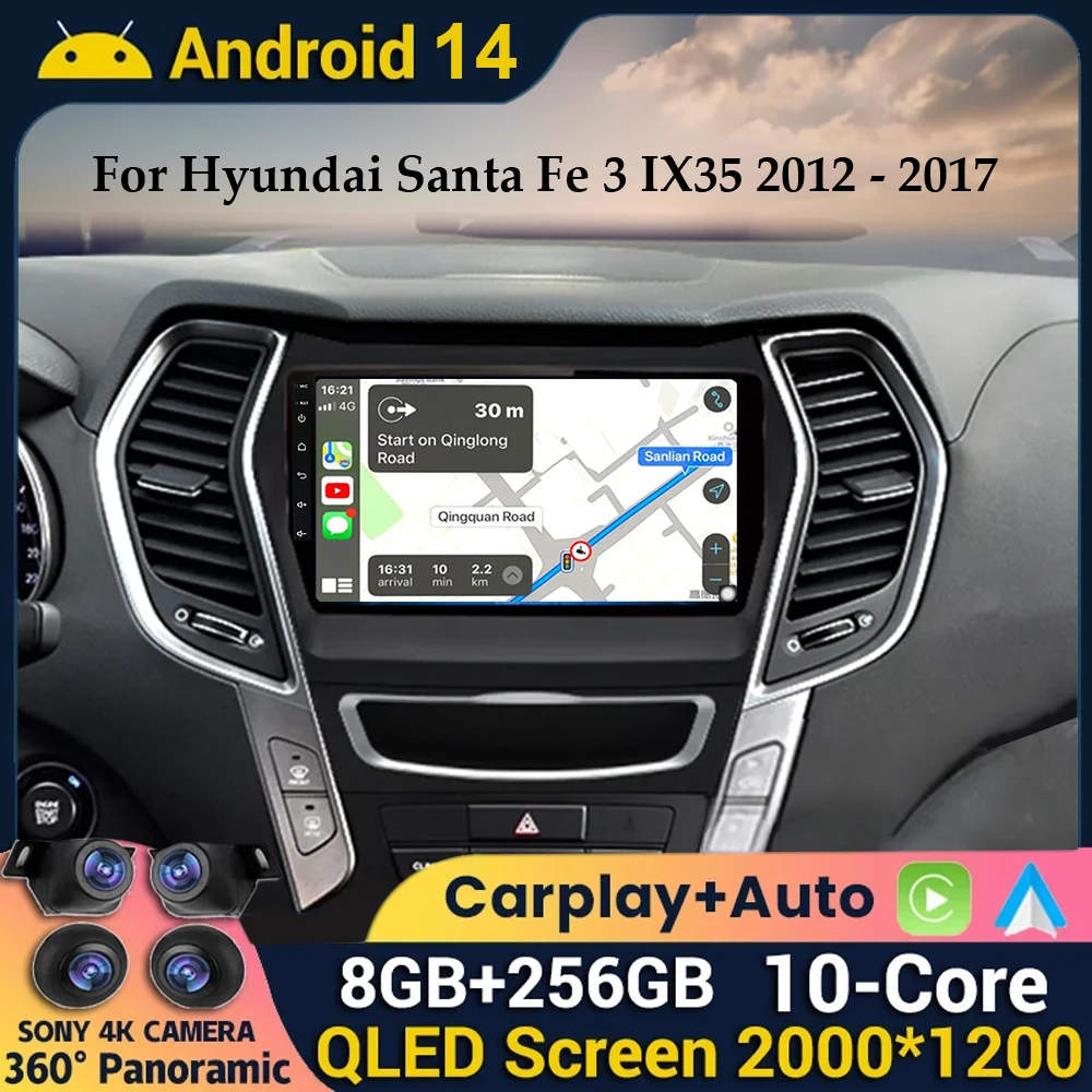 

Автомобильное радио Android 14 Carplay для Hyundai Santa Fe 3 IX45 2013 2014 2015 2016 2017, мультимедийный плеер, GPS Navi 2din, авторадио