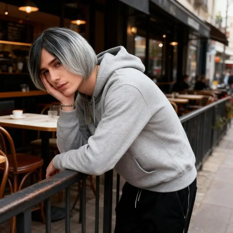Gray-White Middle-Parted Straight Hair Men'S Wig Personalized Fashionable Outdoor Travel Daily Wear Synthetic Wig Headgear