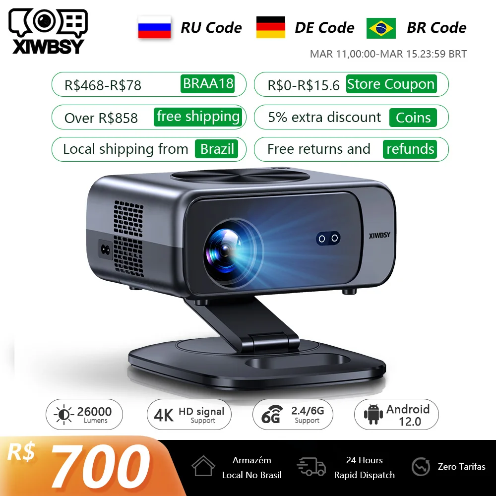 Projetor WiFi 4K XIWBSY 26000 Lumens com Foco Automático, Android TV, Home Theater, Projetores de Vídeo HDR para Luz Diurna, Decodificação 8K