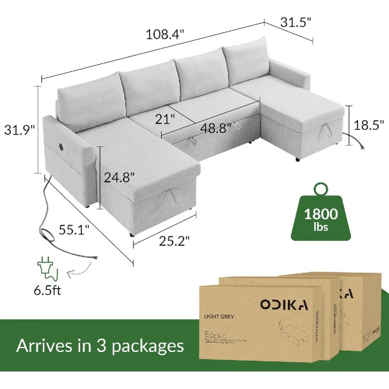 U Shaped Convertible Sleeper Sofa Bed, 108