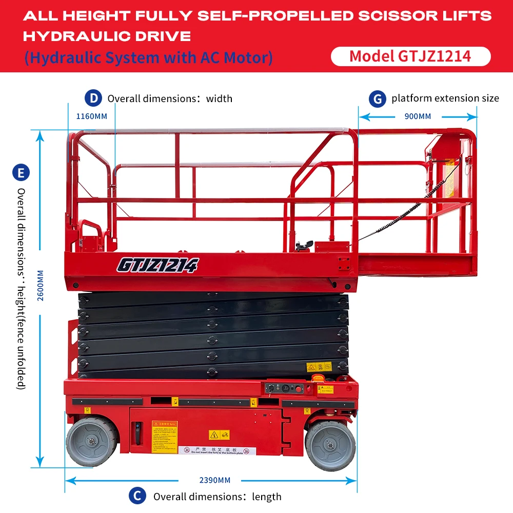 Elevadores de tijera autopropulsados de 12M, plataforma de trabajo aéreo, mesa elevadora hidráulica de 320KG, mesa elevadora eléctrica automática para caminar