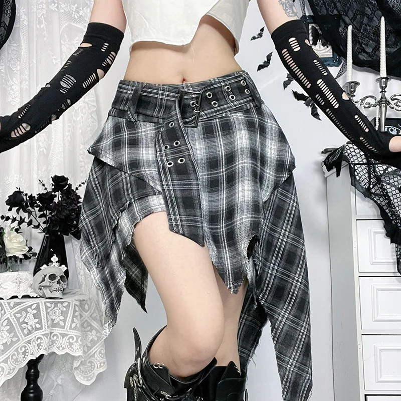 Goth Dark Punk Grunge Irregular Hem Short Skirts Women Streetwear Mall Gothic Plaid Pleated Mini Skirt Y2K Fashion Alt Bottoms