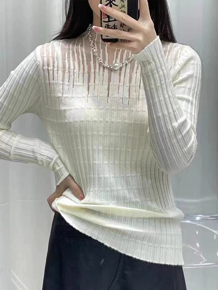 

2024 New Fall Winter Clothes Knitted Mock Neck Sweater Chic Sexy Hollow Out Perspective Patchwork Women Long Sleeve Tops 312077