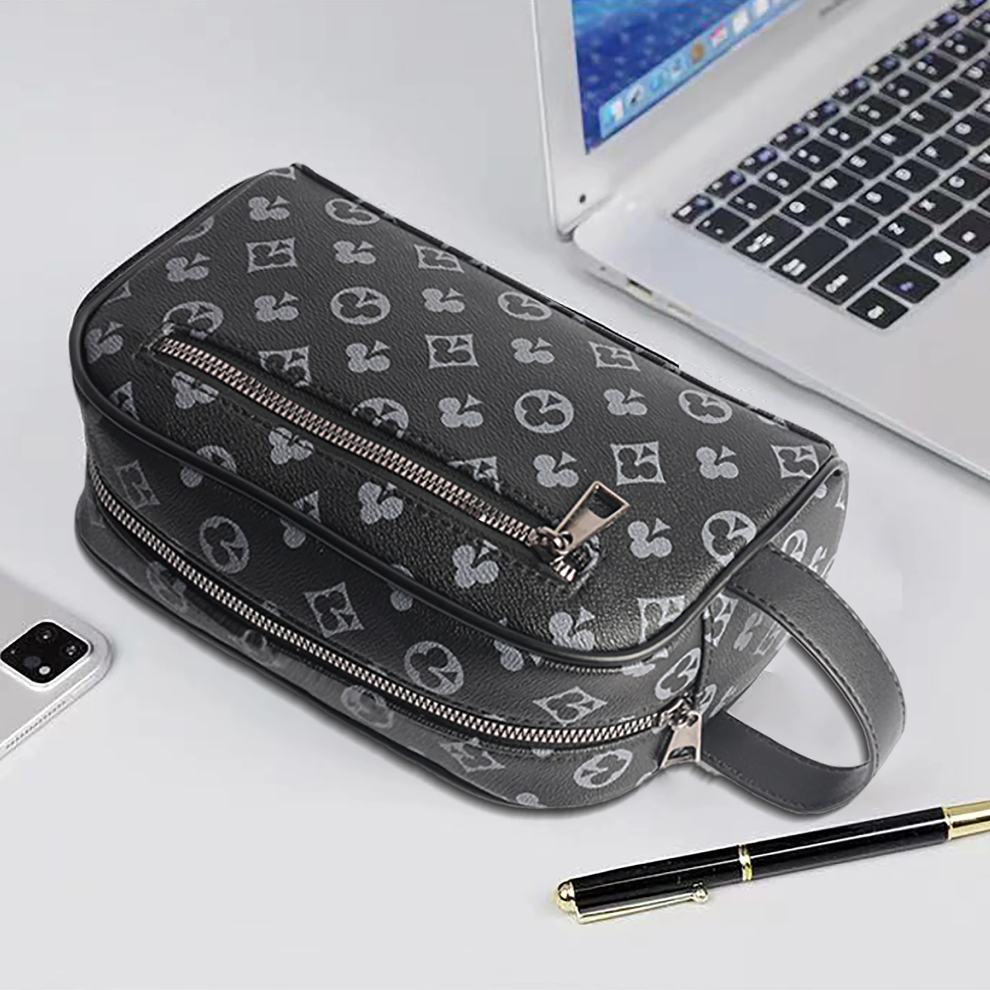 Men'S Stylish Black Synthetic Clutch Bag with Card Slots - Perfect for Keys, Phone, Tablet, and Cards