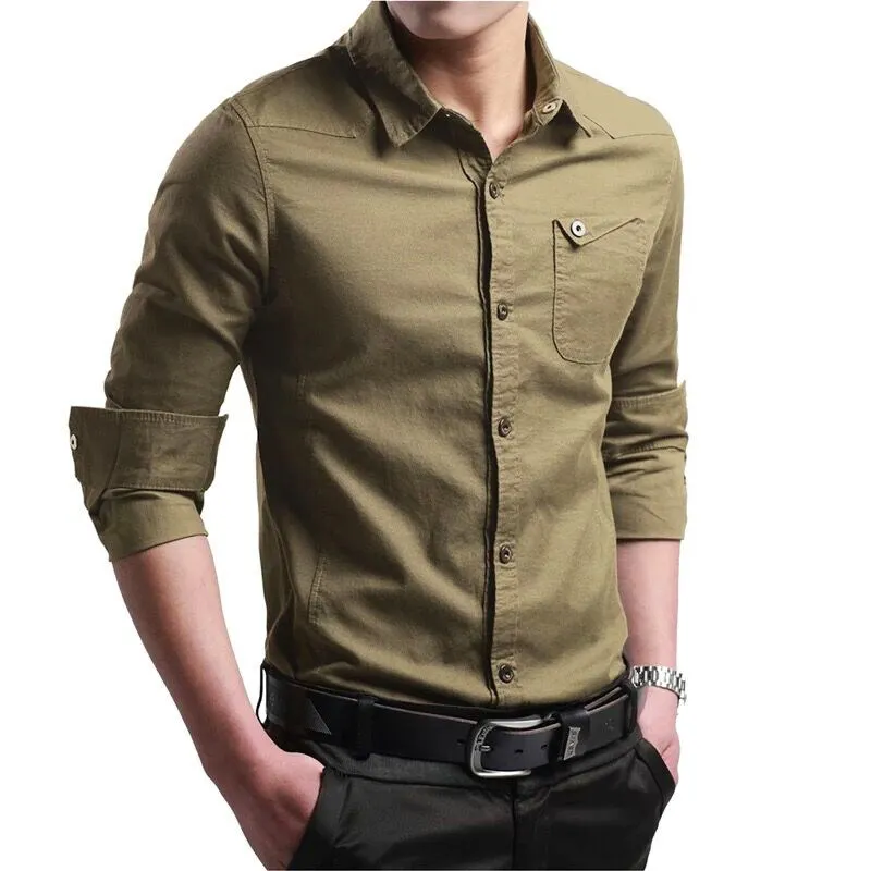 Military Solid Color Shirts Men's Clothing Commute Single-breasted Safari Style Spring Autumn Long Sleeve Spliced Basic Shirts