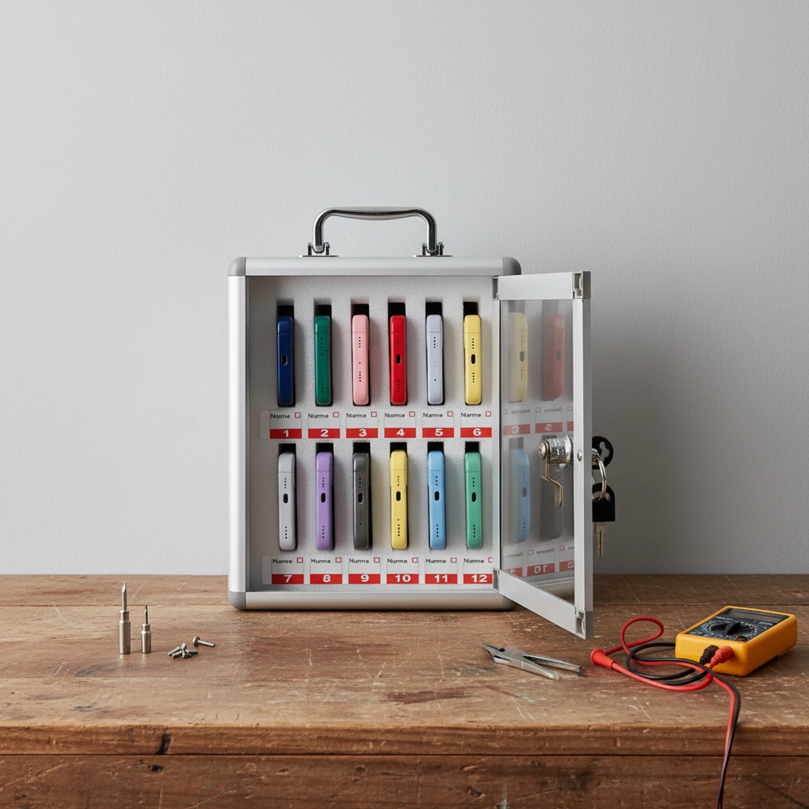 

12-слотовый шкафчик для хранения сотового телефона из алюминиевого сплава, безопасный с предохранительным замком и ручкой, прочный компактный органайзер