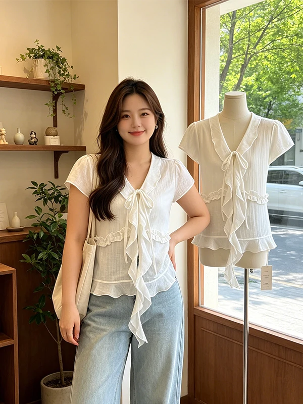 

Loose Women's Shirt with Belt Design Sweet Lace Trim Short Sleeve V-Neck Casual Korean Style Fashionable plus Size Top