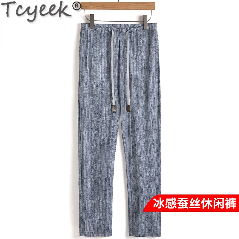 Tcyeek 30% Mulberry Silk+70% Cotton Pants Casual Pants Thin Straight Trousers for Men Clothes Spring Summer Mens Pants Loose Fit