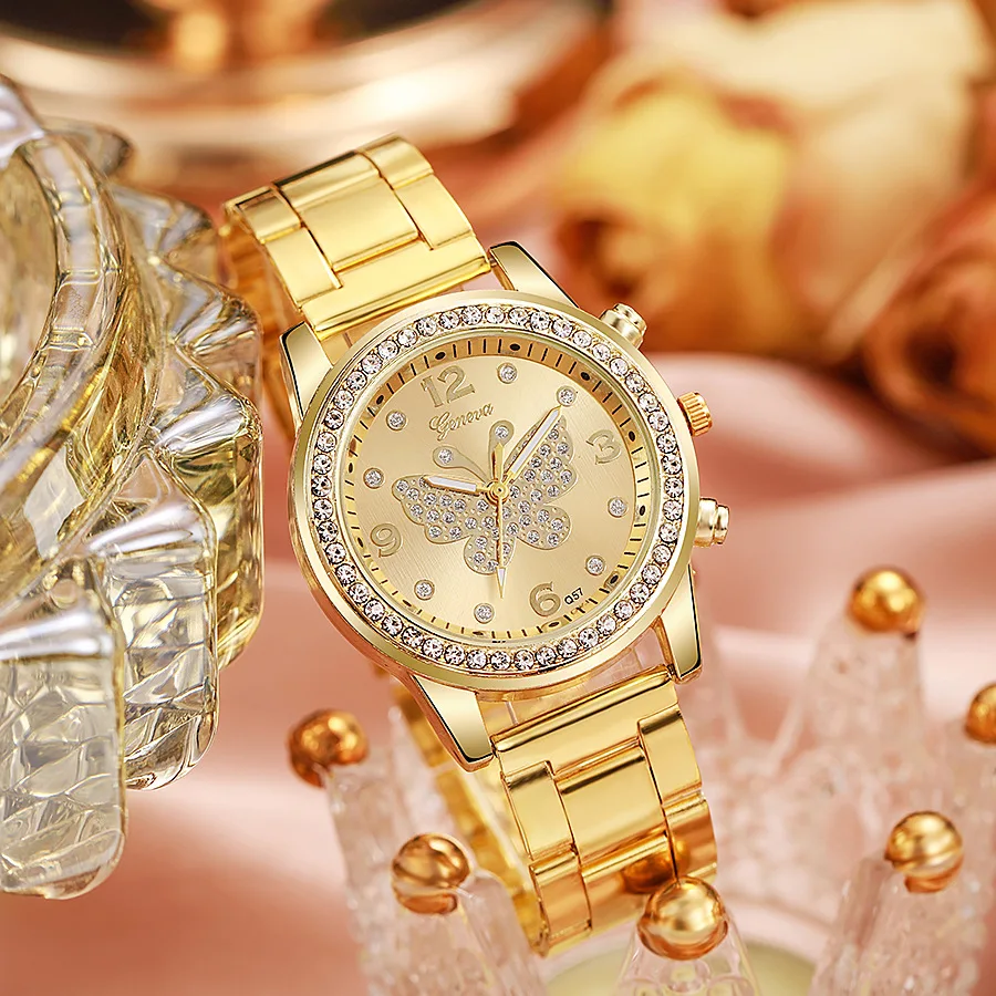 Luxury Casual Round Rhinestone Butterfly Quartz Wristwatch Fashion Ladies Business Steel Belt Diamond Watch Relogio Feminino