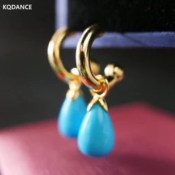 KQDANCE 925 Sterling Silver Water Drop Blue Green Turquoise Natural Stones Earrings With 18K Gold plated Fine Jewelry For Women