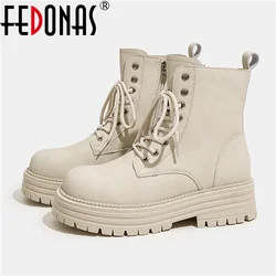 FEDONAS 34-40 Women Combat Ankle Boots High Real Leather Thick Heels Platforms Shoes Hike Walk Fashion Dress Motorcycle Boots