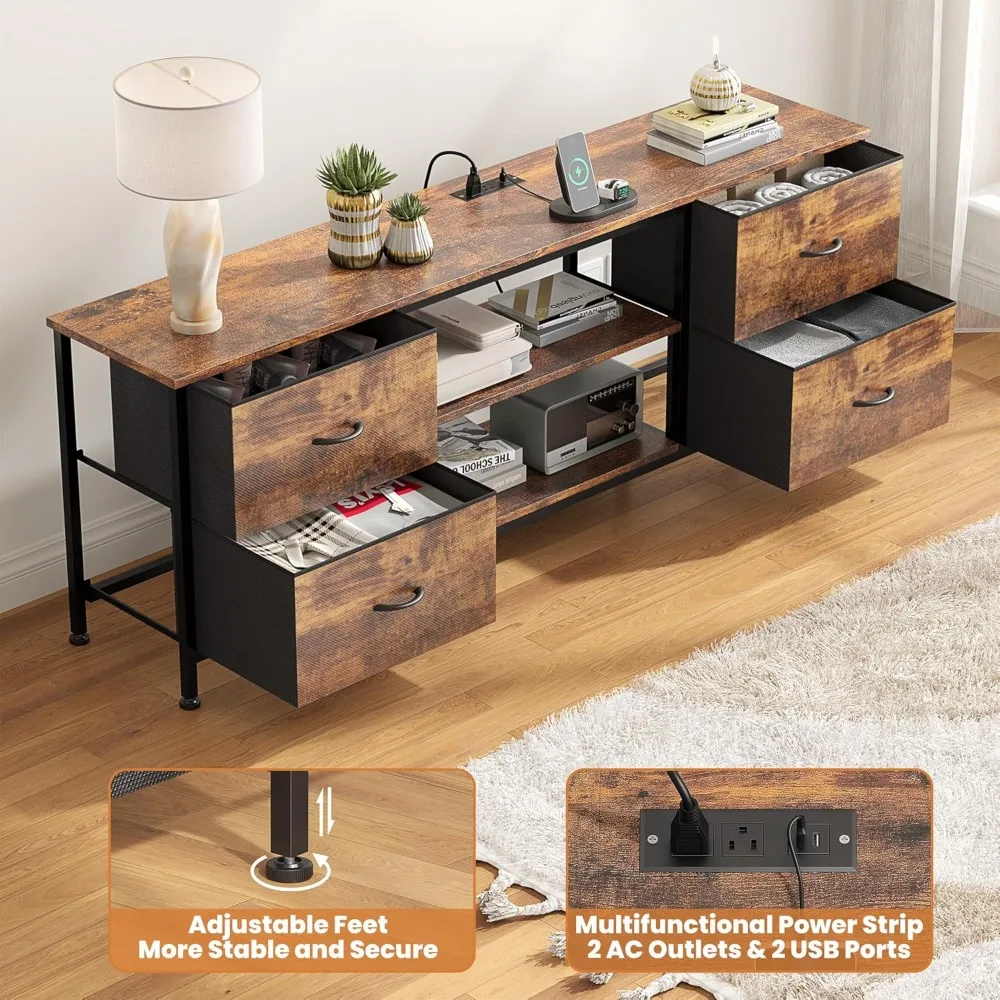 خزانة حامل تلفزيون لغرفة النوم مع 4 أدراج قماشية، مركز ترفيه مع مخرج طاقة لأجهزة التلفاز مقاس 55 بوصة، تتميز بخزائن مفتوحة