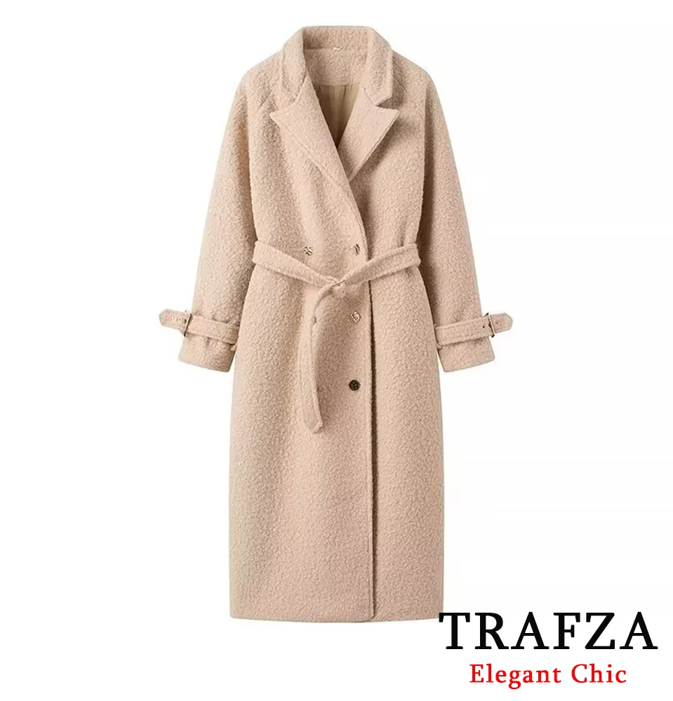 TRAFZA Elegant Belted Terry Long Coat Women's Autumn Winter Fashion Holiday Long Coat Lapel Buttons Tie-off Cuff Long Coat