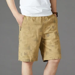 Shorts casuais de cintura média com elástico masculino, calça reta no joelho solto, roupas estampadas com estilo de viagem combina com tudo, verão