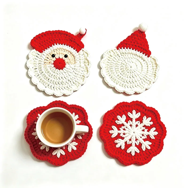 4Pcs Christmas Woven Coasters Handmade Crochet Santa Claus Coasters Cup Mat Tabletop Protection Xmas Party Table Decoration