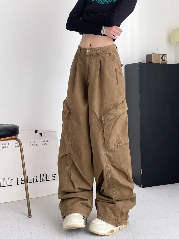 2024 Cyber Y2K Streetwear Multi Pockets Vintage Brown Baggy Jeans Pants For Women Clothes Wide Leg Loose Luxury Lady Trousers