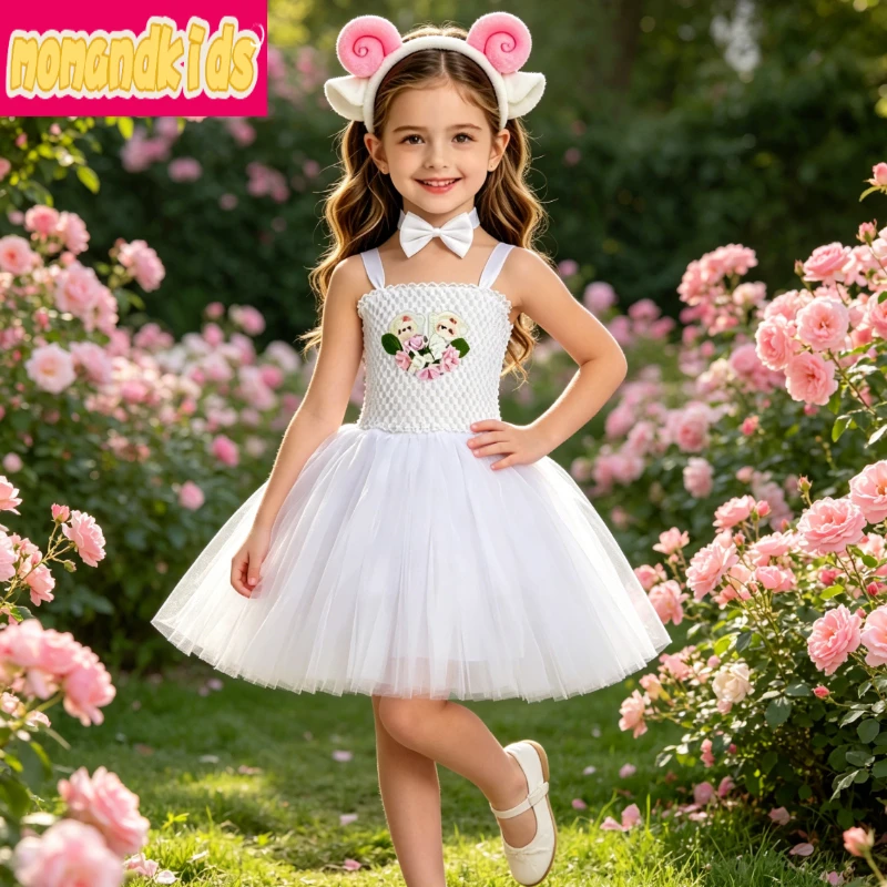 Adorable White Woolly Farm Beast Voluminous Airy Tulle Dress Little Girls Ranch Theme Outfit for School Show Festival FancyDress