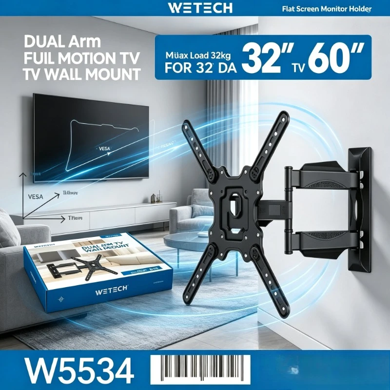 Support TV pivotant de 32 kg de capacité, double bras, conception à mouvement complet, inclinaison réglable, VESA 100x100-400x400, pour installation d'écran de salon de 32 à 60 pouces.