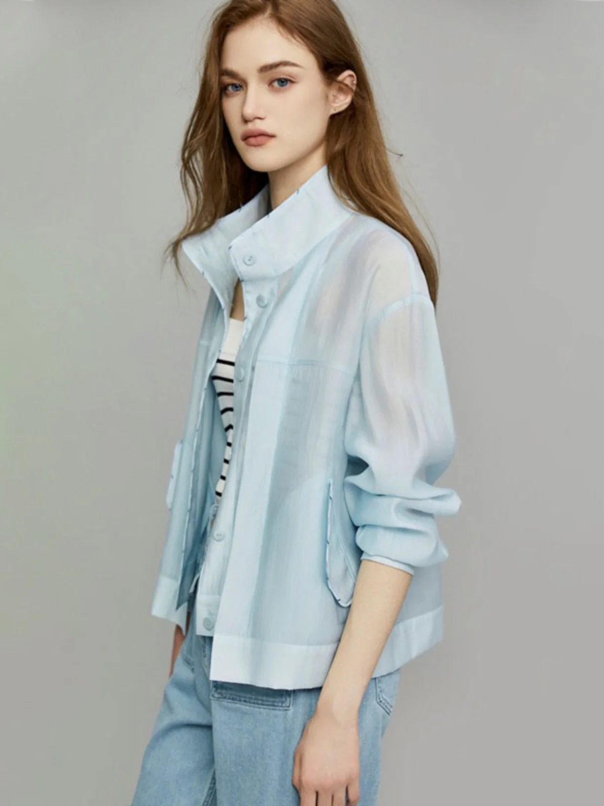 

Plus Size Faionable Simple Loose Long Sve Stand Collar Women's Summer Top Sun Protection Outerwear Korean Sle Commute Rainbird