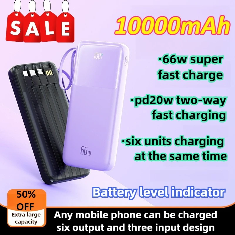 Hochwertige mobile Powerbank mit 10.000 mAh und integriertem 66-W-Schnellladekabel für Apple für Xiaomi für Huawei