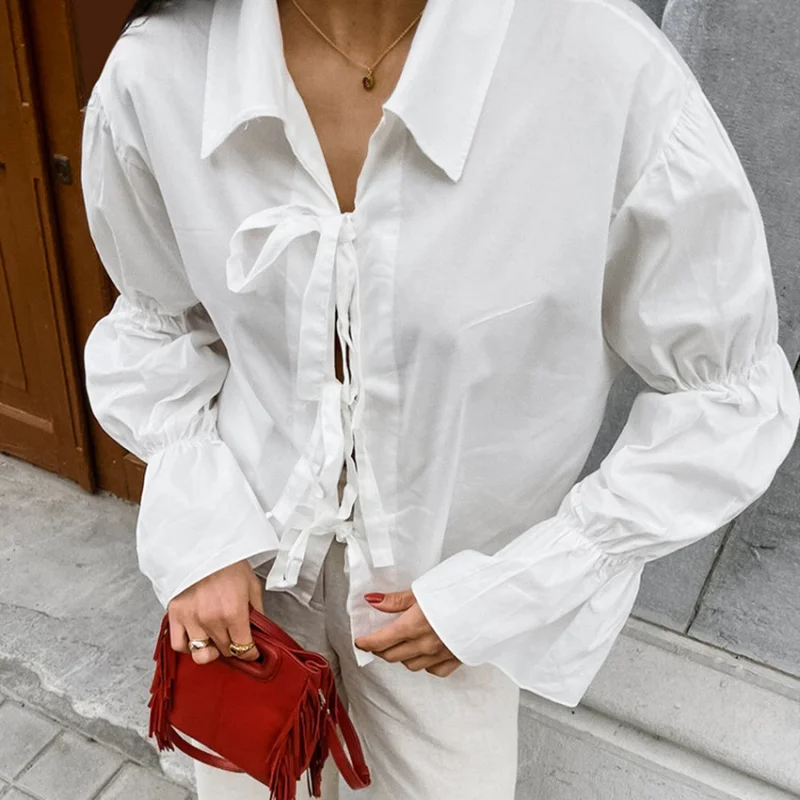 

Spring New Commuting Style Women's Blouse White Design Sense Turn-down Collar Drop Shoulder Sleeve Casual Shirt With Bow Tie